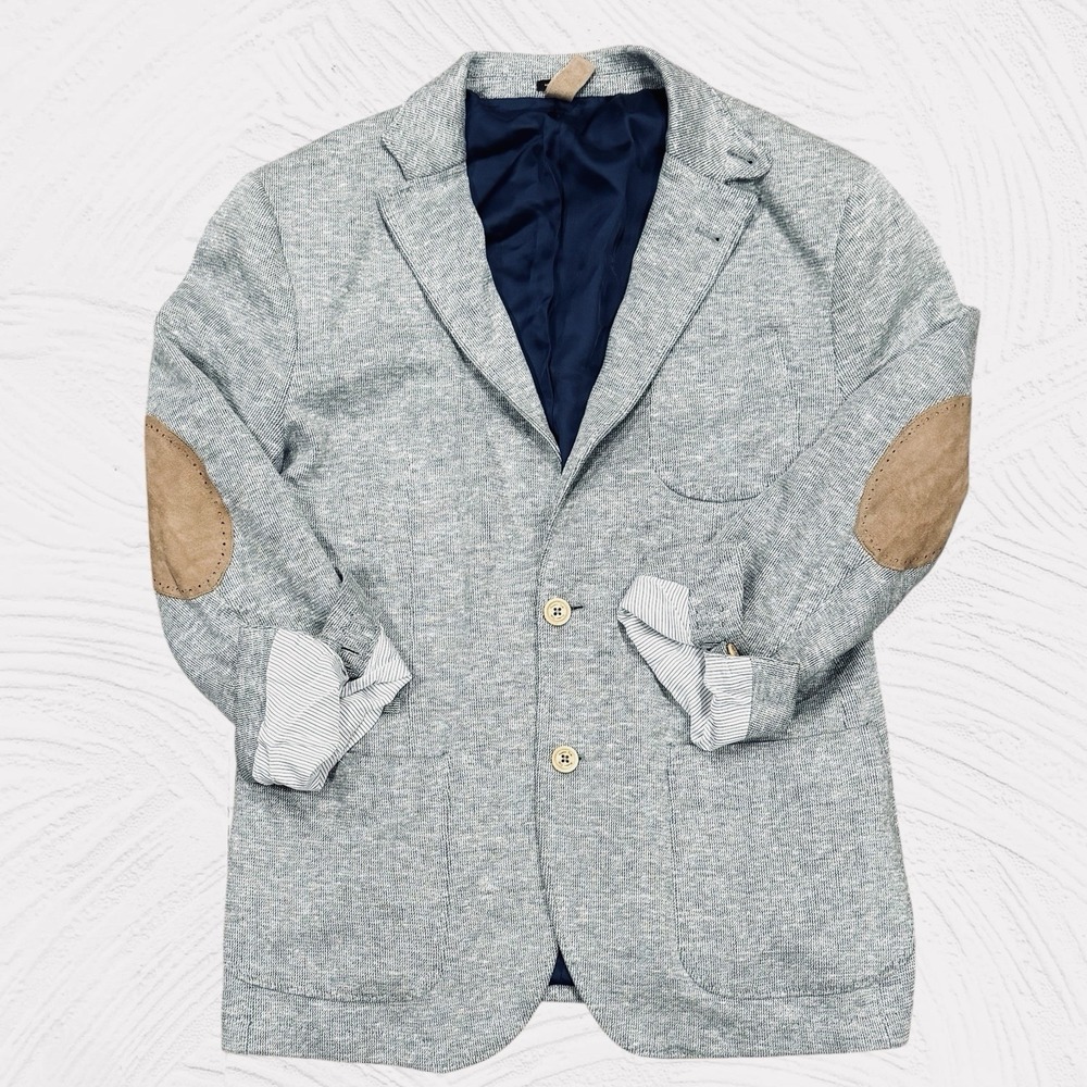 Massimo Dutti Knit Sweater Blazer Linen Cotton 40S‎ Elbow Patch Gray